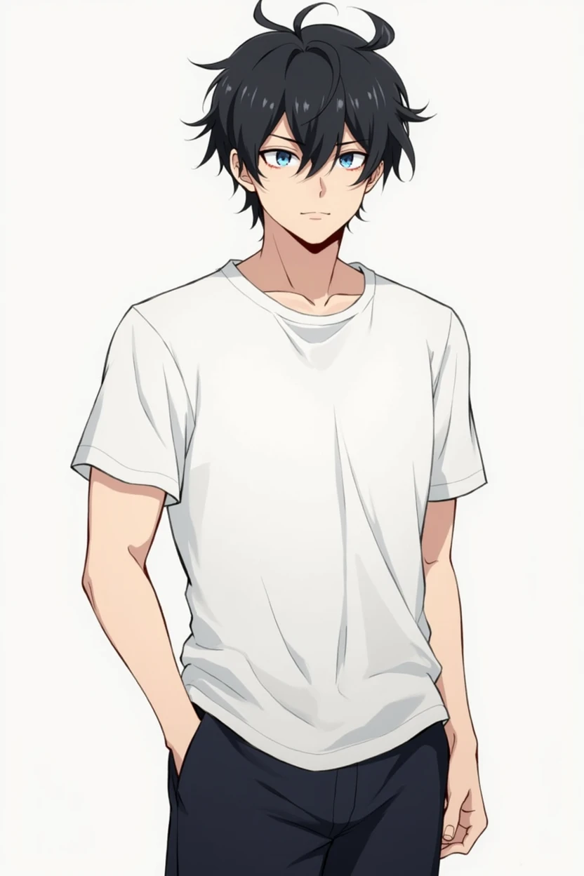 A handsome anime boy, athletic, messy black hair, plain white t-shirt, black shorts, full body.