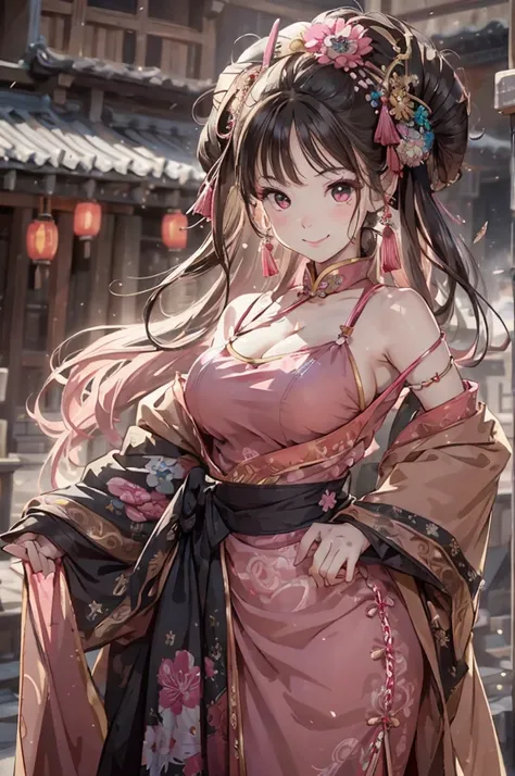 ((no background:1.0)), (cowboy shot), best quality, masterpiece, Solo, detailed cute , ancient Chinese costume, large breasts, open neckline, pink cloth, cheerful, smile, big eyes