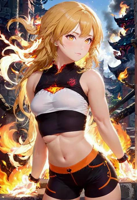 (promotional art), (whole body), yang xiao long of 'rwby', aroused face, yellow hair, mystic fire all around, skin tight shorts,...