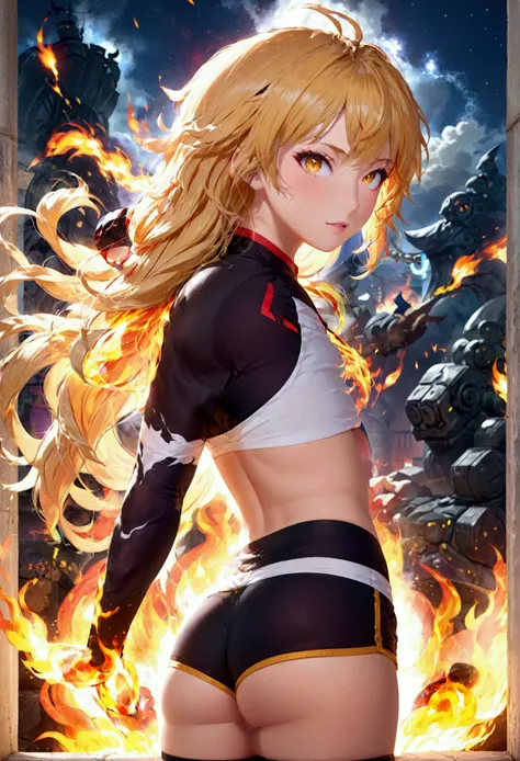 (promotional art), (whole body), yang xiao long of 'rwby', aroused face, yellow hair, mystic fire all around, skin tight shorts,...