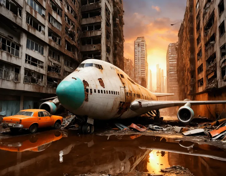 A city connected by countless walkways between high-tech skyscrapers and concrete, creating a complex urban network, photorrealistic, finely rendered textures in post apocalyptic environment, wasteland, ORANGE SKY, sunset with sun on the horizon, chuva pes...
