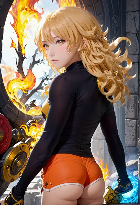 (promotional art), (whole body), yang xiao long of 'rwby', aroused face, yellow hair, mystic fire all around, skin tight shorts,...