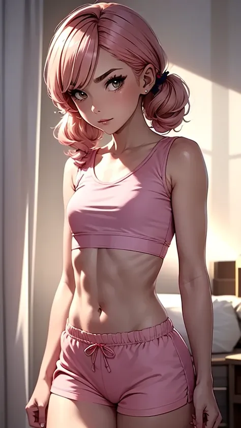 1 pretty woman, short pink hair with pigtails, small waist, skinny, small crop top, cotton short pajama shorts, in panties