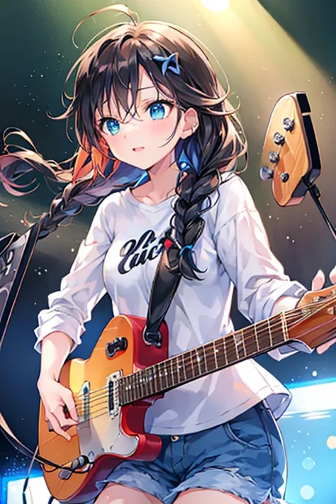 Tazune rirei, nsfw, 8k, ultra-detailed, Masterpiece, best quality, perfect lighting, aqua eyes, black hair, braid hair, dynamic angle, looking away ,more_details:1, ((bokeh, portrait)), , ((playing electric guitar hard, guitar amplifier )),clubhouse stage,...