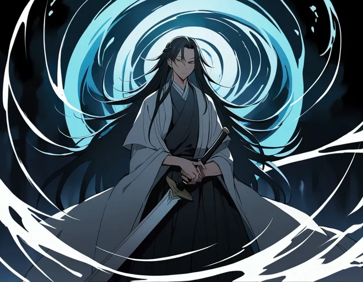 a long-haired anime man with a sword and a water vortex in the background