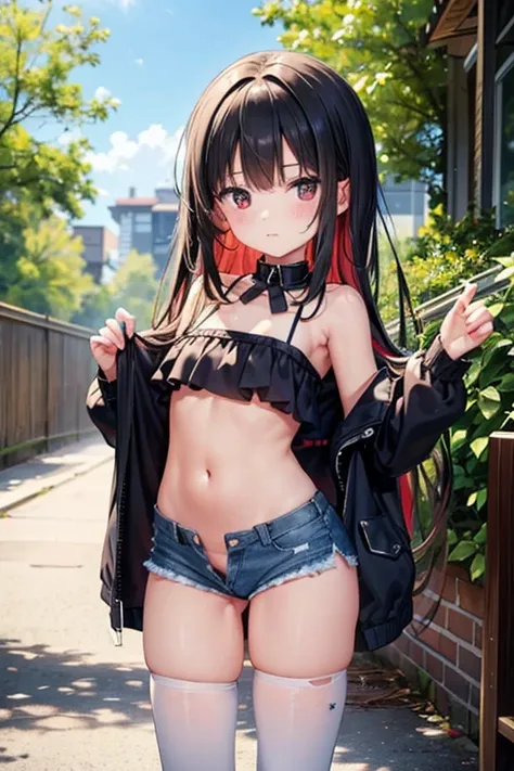 (masterpiece), Highest quality, One girl, , 8-year-old, Cute  girl, Flat Chest, Black Hair, Very long hair, View your viewers, She wears a sturdy collar made of bright red leather., 
Strapless clothing, White lace outfit, Expose the clavicle, Not wearing a...