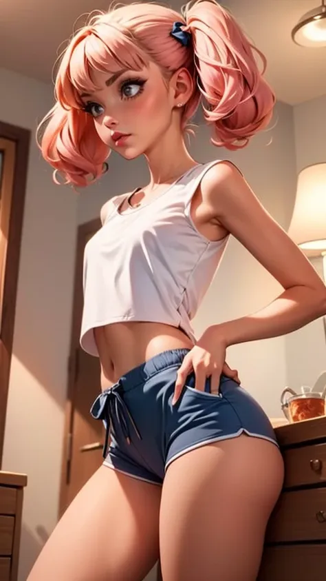 1 pretty woman, short pink hair with pigtails, small waist, skinny, small crop top, cotton short pajama shorts, in panties