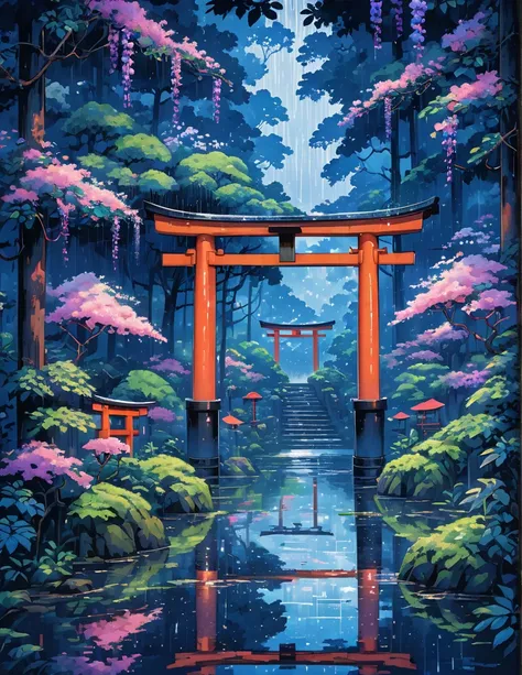 wide view, torii, Japanese forest, dense wisteria trees, day light, rain, reflection, tropical leafy plants, light shine on part of foliage, micro landscape, intrinsic details, starry pink blue  atmosphere, night time, micro landscape, intrinsic details