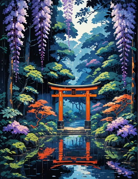 wide view, torii, japanese forest, dense wisteria trees, day light, rain, reflection, tropical leafy plants, light shine on part...