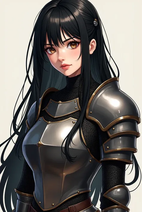 Illustration of the upper body of a cool female knight
Long black hair