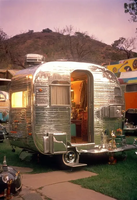 1960s america, shiny silver rounded stainless steel trailer home, psychedelic hippie youth, anti-war movement, professional came...