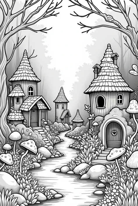 Fairy house land coloring book pages nature background no color black and white high details