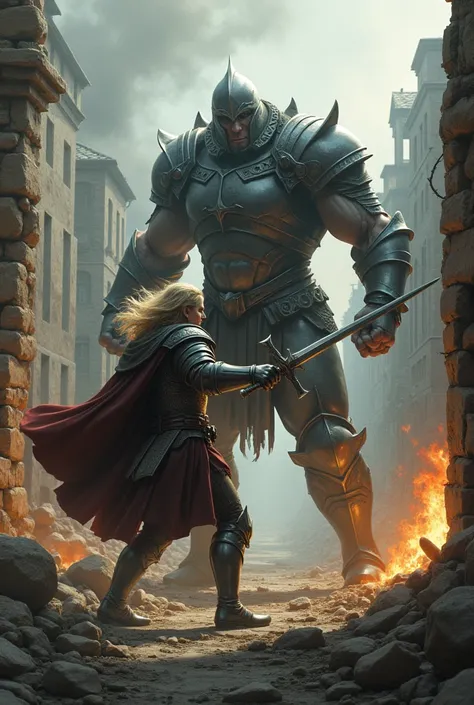 a blonde hair young man wearing silver Armour. Hes attacking a 7 foot big and muscular man whose wearing chainmail with a sword. Ruined city with dilapidated condition homes and burning houses and fire. Mediaeval setting cinematic style.