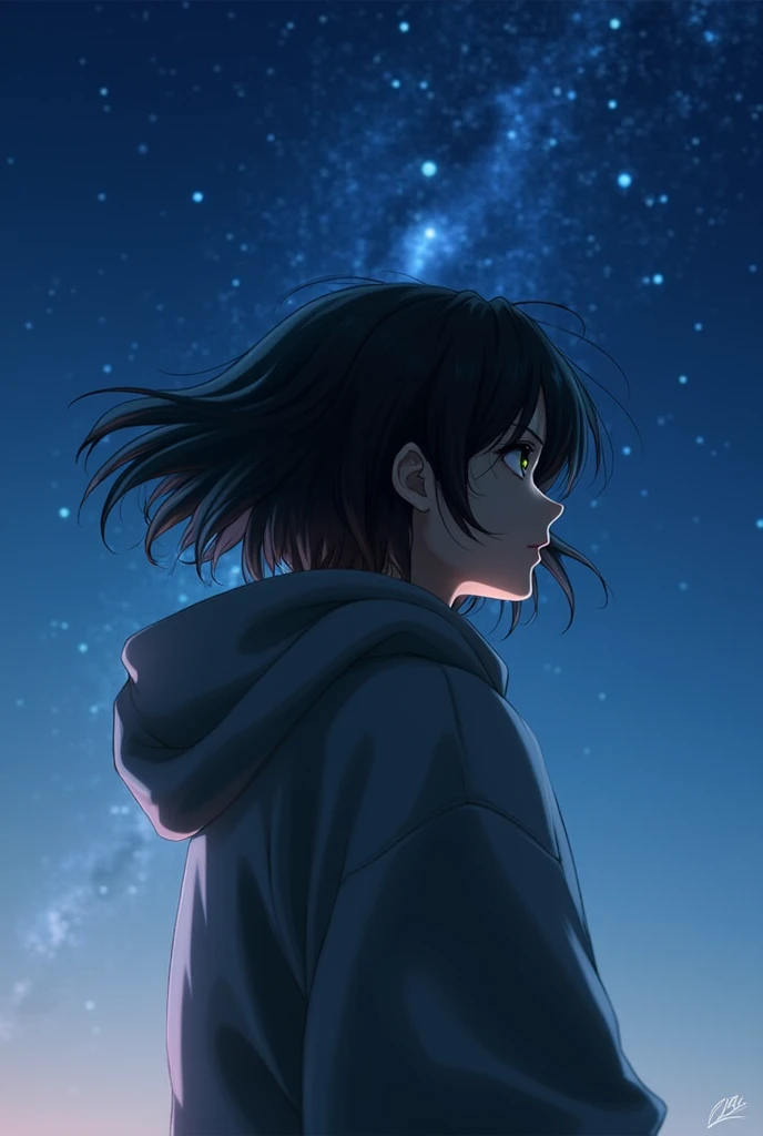 Starry Sky、milky way、One woman、Black Hair、Short Hair、Hair blowing in the wind、profile、Wearing a hoodie、Back view、Upper Body、Low - Angle