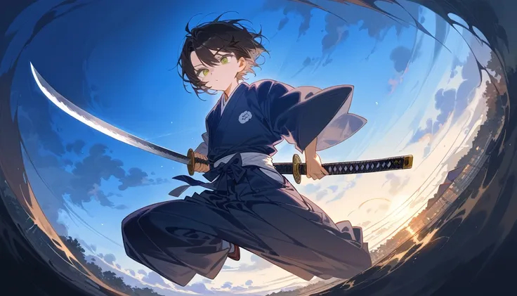 Beautiful young man, slanted gray eyes, black medium hair, Tied up, blue masculine kimono, Hakama, Hakama skirt, Oblique angle, Japan atmosphere, Cool, Stylish, dynamic shot, a katana sword, fisheye lens, masterpiece, dynamic angle