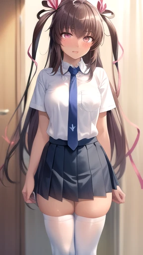 (((masterpiece,best quality,absurdres,8K))), ((mizuki yukikaze)),((hair ribbon, school uniform, white shirt, short sleeves, blue necktie, pleated skirt, blue skirt, white thighhighs, loafers)), ((embarrassed,blush:1.3,standing))),