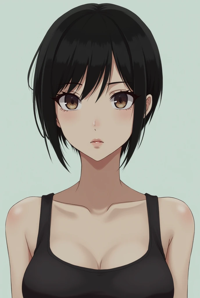 Japanese woman, short hair, streight face showing no emotion, looking into camera, tank top, no bra, standing streight, frontal view, highly detailed face, high resolution, no make-up, photorealistic