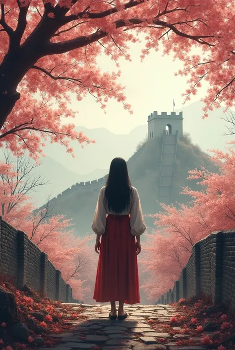 (Ten miles of peach blossoms:1.2)，Under the peach tree，The back of a woman with waist-length hair，Determined gaze， Heqiang，She looked at the Great Wall in the distance, Smoky.，flint，Blood on the Sand，Iron can move vertically and horizontally，bodies scatter...