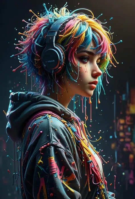 anime artwork vaporwave style neonpunk, cyberspace dj club, augmented reality street artist, wearing a holo-hoodie, from the sides and on the side, headphones, short neon undercut hair, neon rim lighting, 
 mad-thrdpnt, paint splashes, colorful . retro aes...