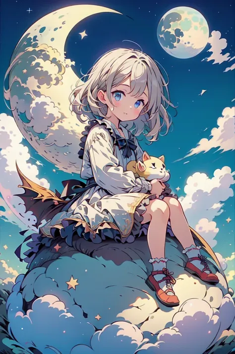 (a little girl), charming, short white dress, dragon, cute, (sitting moon), moon, stars, clouds, masterpiece, best quality,  (ma...