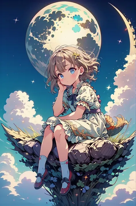 (a little girl), charming, short white dress, dragon, cute, (sitting moon), moon, stars, clouds, masterpiece, best quality,  (ma...