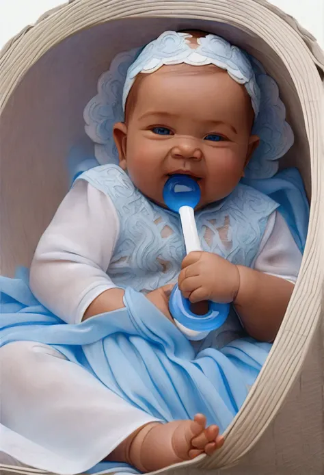 on a light background, Funny Newborn Baby , rosy-cheeked, Very fat, The eyes are blue, smiles and looks at the viewer, holds a pacifier, in a white basket, snow-white on the sides , transparent blue lace, frill, next to a blue flower of a white lotus, cove...