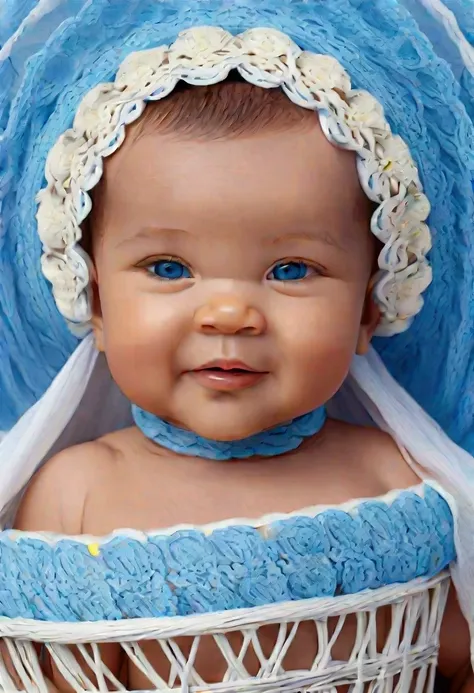 on a light background, Funny Newborn Baby , rosy-cheeked, Very fat, The eyes are blue, smiles and looks at the viewer, holds a pacifier, in a white basket, snow-white on the sides , transparent blue lace, frill, next to a blue flower of a white lotus, cove...