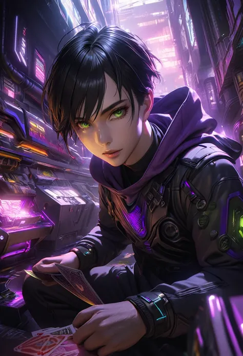 1 man with short black hair and green eyes, wearing a black and purple hooded futuristic cyberpunk outfit, playing cards, intricate details, hyper realistic, octane render, 8k, HDR, cinematic lighting, chiaroscuro, dramatic colors