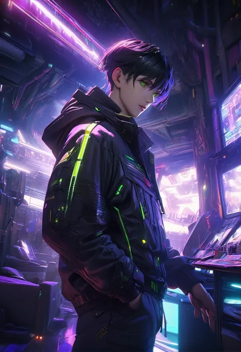 1 man with short black hair and green eyes, wearing a black and purple hooded futuristic cyberpunk outfit, playing cards, intricate details, hyper realistic, octane render, 8k, HDR, cinematic lighting, chiaroscuro, dramatic colors