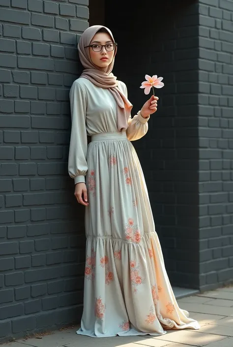 a bespectacled Muslim woman with a flower in hand, full-body, sensual body,  leaning against a black brick wall, neutral colors, muted and pastel colors, fashion style 1 9 9 0 , muted pastel colors, soft cool colors, pastel style, muted colors, wearing a l...