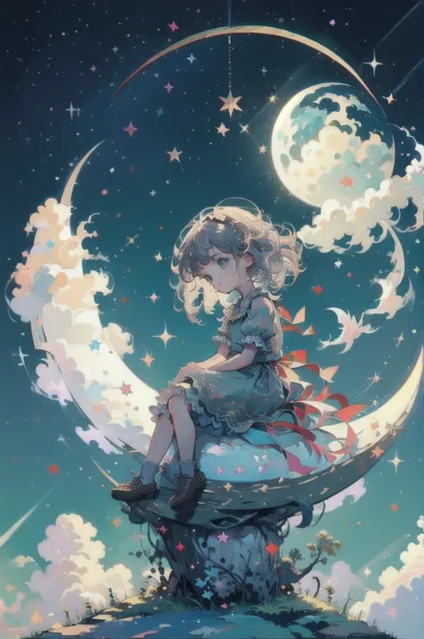 (a little girl), charming, short white dress, dragon, cute, (sitting moon), moon, stars, clouds, masterpiece, best quality,  (ma...