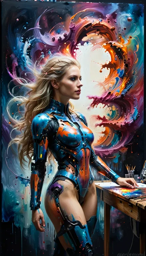 the easel, the paints, the artist, standing full-length, cyborg woman drawing self-portrait in oil paints, blonde hair, (best qu...