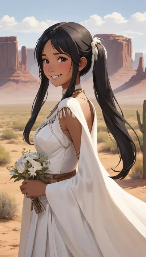 cheyenne、profile、Upper Body、masterpiece、Highest quality、One beautiful woman、Black Hair、Twin tails、22 years old、Moderate bust、Brown skin、White Wedding Dress、、White Cape、Native American、Upper Body、smile、love、Blushing cheeks、scenery、desert