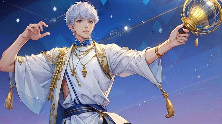 A young, indonesian fair-skinned muscular, full body, male with short White hair wearing a white and blue ornate outfit against a starry night sky background