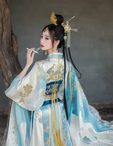 araffe dressed in a blue and gold costume holding a cigarette, hanfu, palace ， a girl in hanfu, a beautiful fantasy empress, ((a beautiful fantasy empress)), ancient chinese princess, beautiful image, white hanfu, wearing ancient chinese clothes, chinese c...