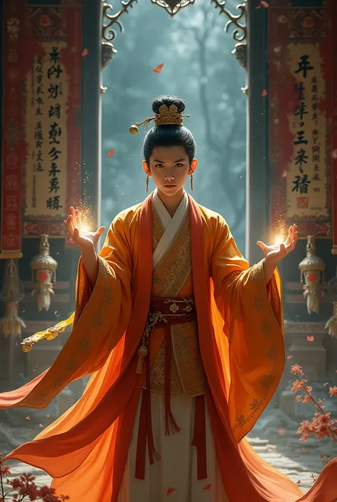 A young male character in traditional Chinese clothing is performing magic, surrounded by countless charms to ward off evil spirits and spells.