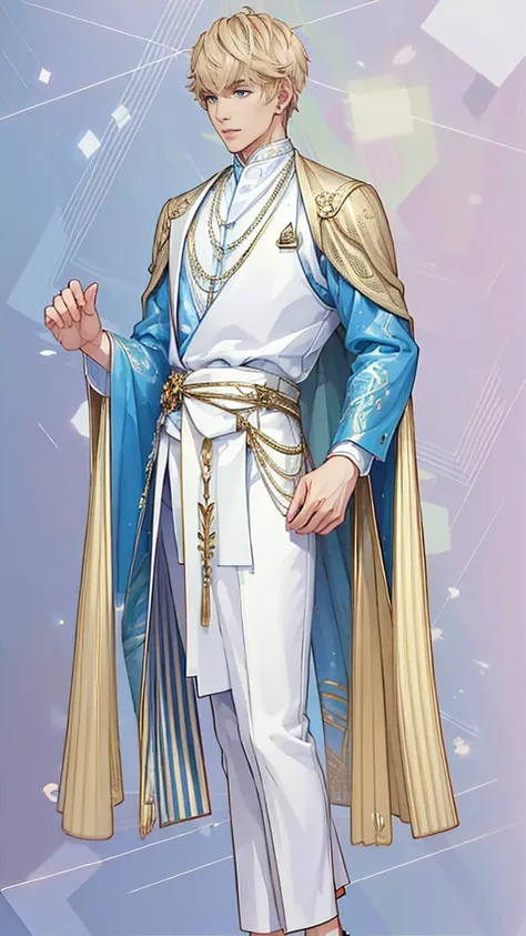 a young, indonesian fair-skinned muscular, full body, male with short white hair wearing a white and blue ornate outfit against ...