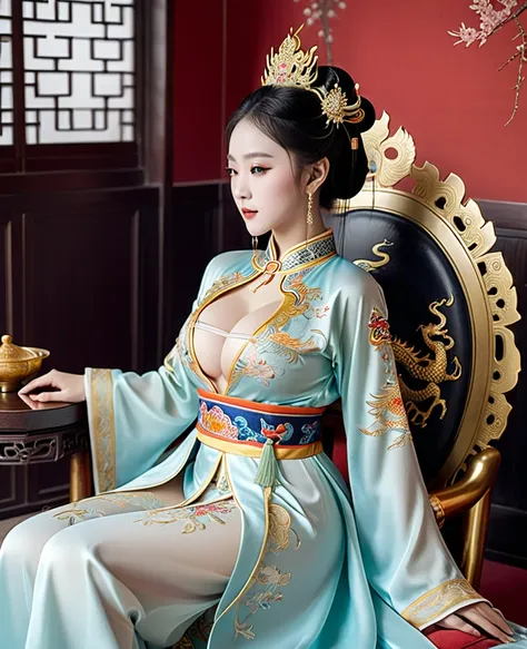 In the Qing Dynasty palace、Her breasts are large and her legs are spread wide、Open your legs（Porn Pose）、a golden throne with dragon embroidery, a sofa, and a hair style、She is shown in profile wearing a gorgeous Chinese empress&#39;s headdress.。The setting...