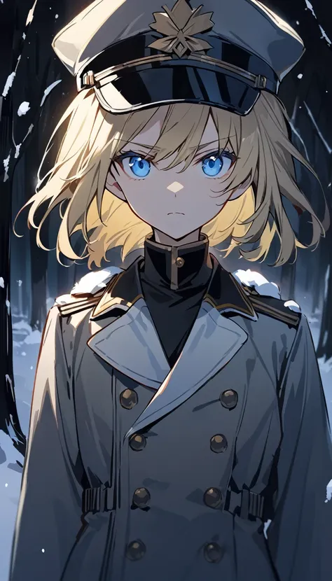 one girl, solo, 20 years old, grey military uniform, military hat, officer,  no emotions, blonde hair, blue eyes, winter, snowy, night, in the forest, dark background, serious, moonlight, qhly