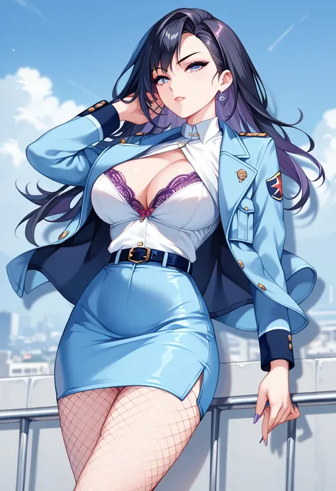  Female Boss,Years on,Black Hair,Large Breasts,Cleavage,Jacket, White shirt, belt, uniform, Blue Skirt,  army, formal, blue Jacket,Pencil Skirt,Fishnet tights,Purple intricate lace and lingerie