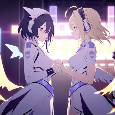 ((Highest quality)), (detailed), Holding hands and standing with their backs together, a girl with dark blue hair, short hair, long bangs, large breasts, purple eyes, and white headphones, and a girl with average size, small breasts, long blonde hair, purp...