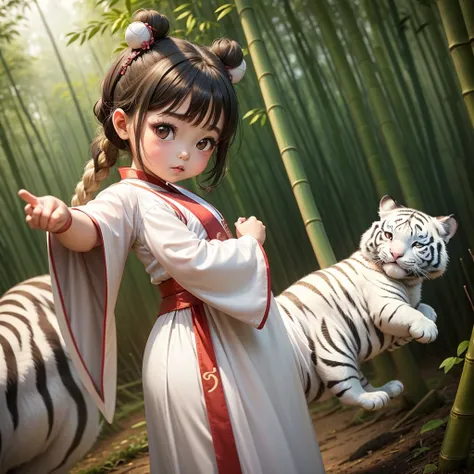 A  chibi baby girl with two buns on her head and wear hanfu dress, as cute and chubby as a  on a Chinese calendar,playing with the white tiger in the bamboo forest. 