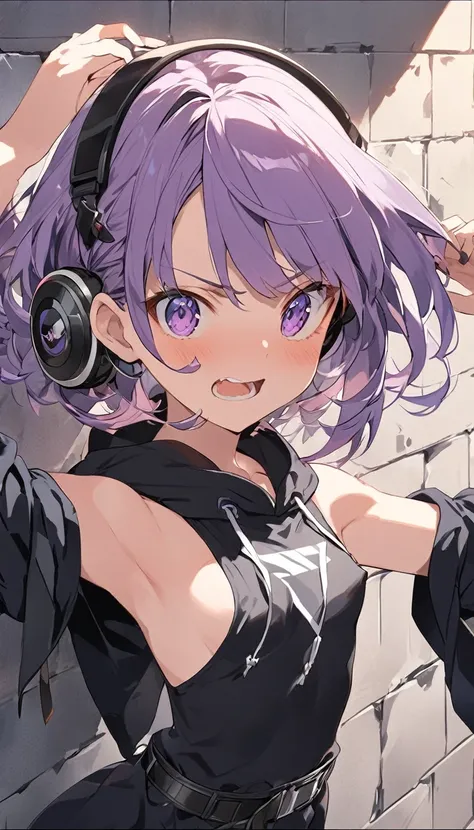 A girl dancing with lust　Nipple Emphasis　Nipple erection　((small_breasts))　one_girl solo　front_view　1 girl,Oversized hoodies、headphones、Shortcut Hair,deep_purple_hair_color calm　Hall々A serious expression　Black Costume　Belt on torso　(((wall_paper)))　(((TV a...