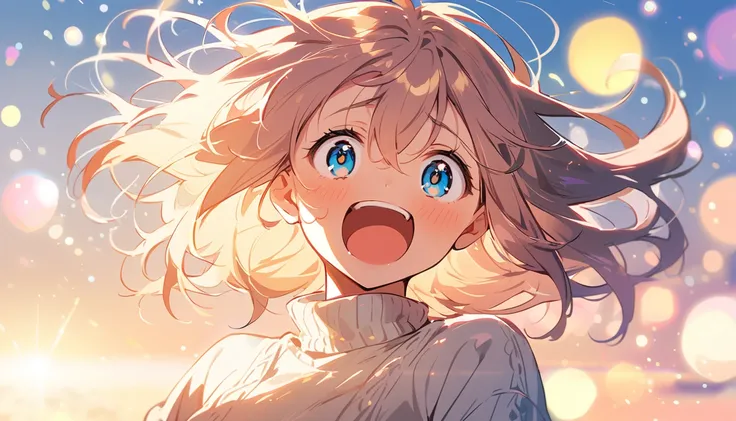 a girl, cosy sweater on, upper body, (huge Laughing:1.1), (open mouth:1.1), (wide open eyes:1.2), sun glare, bokeh, depth of field, blurry background, light particles, strong wind, (heart particles:1.1)