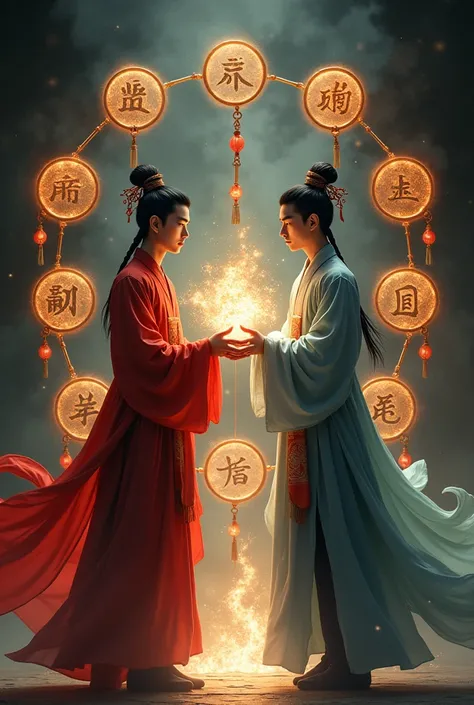 Two young men in ancient Chinese costumes are performing magic., Beside him are countless charms against love and spells