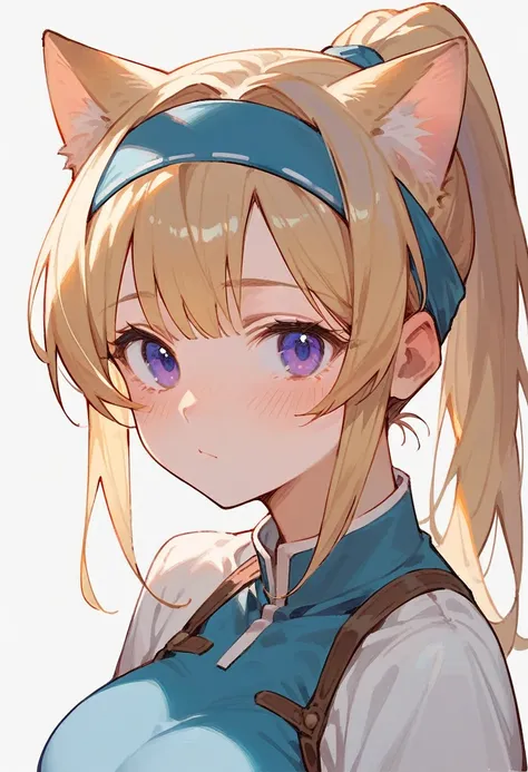 solo, One girl, Blushing, bangs, blue eyes, Blonde, Simple Background, Close your mouth, Purple eyes, ponytail, Cowboy Shot, Headband, Cat ear, Large Breasts, Anime Style, 