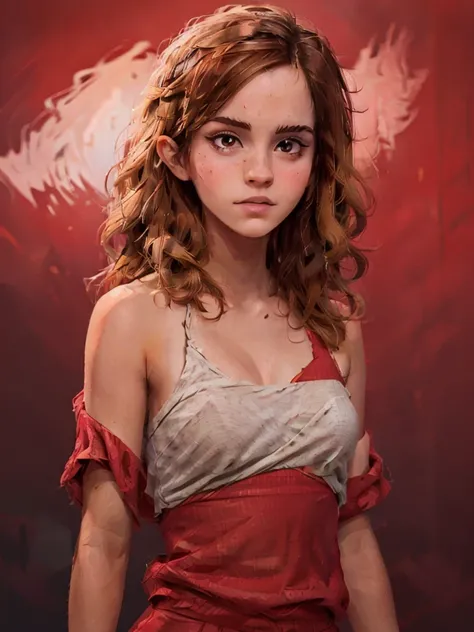 one white girl, hermione granger, solo, abs, slender body, (upper body, bust:1.2), brown eyes, brown hair, red clothes, bare shoulders, masterpiece, highly detailed, look at viewer, shiny blured orange background, gradient sprayed background, front view, g...