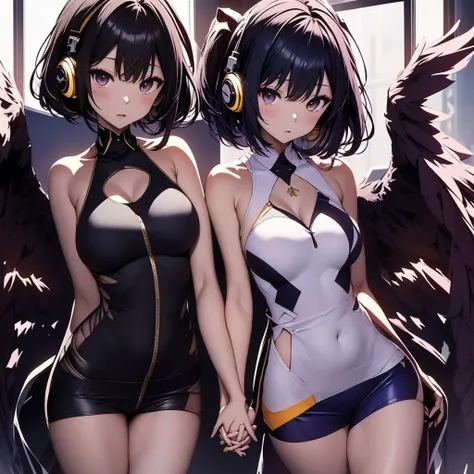 ((Highest quality)), (detailed), Holding hands and standing with their backs together, a girl with dark blue hair, short hair, long bangs, large breasts, purple eyes, and white headphones, and a girl with average size, small breasts, long blonde hair, purp...