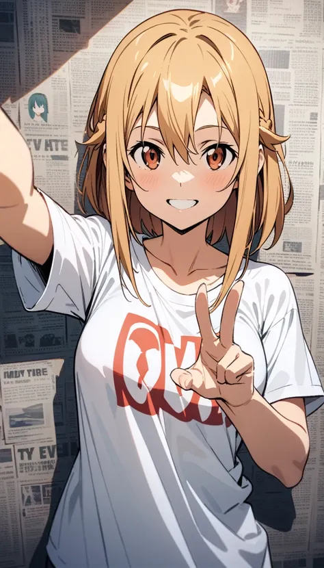 ((best quality)) , ((masterpiece)) , (detailed),Asuna from "Sword Art Online", wearing a white t shirt with the word O V on it, making a peace sign and smiling at the camera, background is a newspaper wall, in the style of anime.