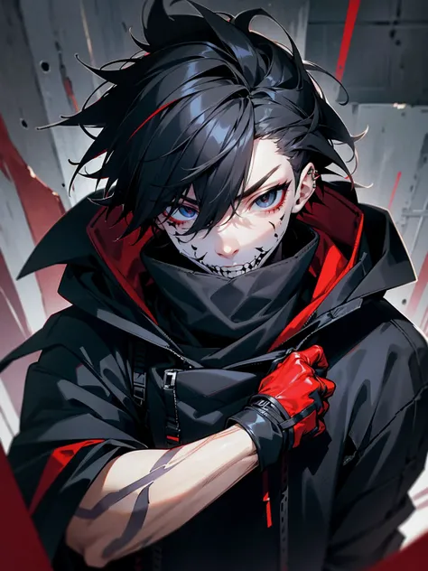 1male, adult, messy hair, black hair, spiky hair, beanie, hood on head, black eyes, red skull mask, eye piercing, lazy expression, black techwear jacket, black sweatpants, lean build